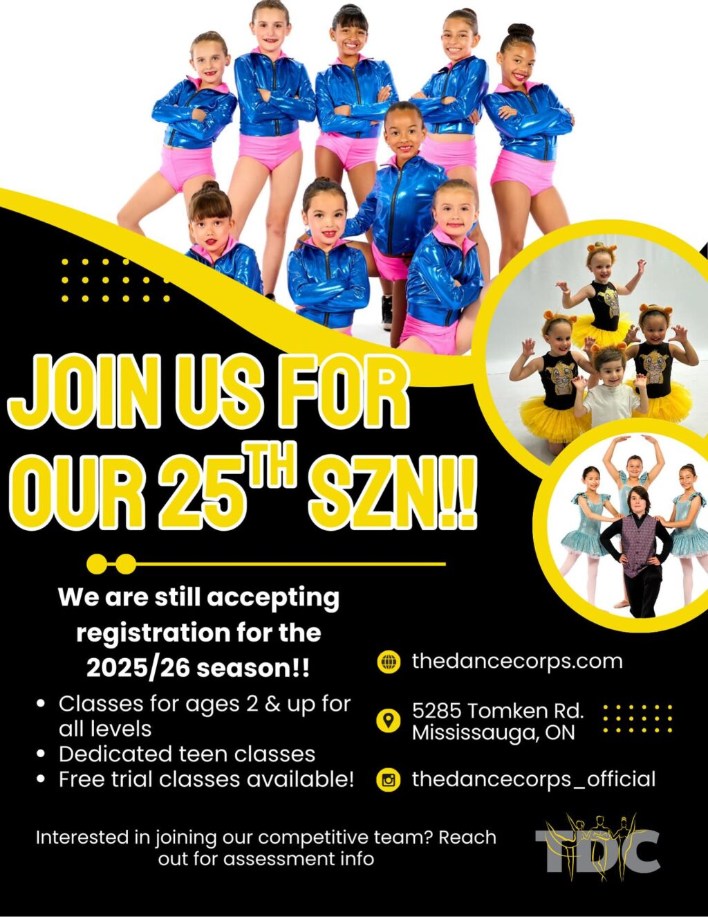 ‼️Still Accepting Registration ‼️ You’re not too late! Registration for our 25th year of dance is ongoing and we would LOVE to dance with your shining star 🌟  Shoot us a dm, visit our website or come on in for a tour and a FREE trial class!! Our teen classes are a great place for your 13+ dancer to take a break from homework or scrolling and there is still room in our Intro to Dance classes for toddlers with energy to burn!! Dancers of all ages….don’t miss your chance to join us for this exciting dance season 💛🖤