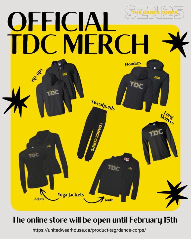 🌟STUDIO MERCHANDISE IS READY FOR ORDER🌟

🛍️Who Can Order?
- Merchandise is available for both recreational and competitive dancers, as well as their families and friends—everyone is welcome to order!
- All merchandise is available in both adult and youth sizes.

🛍️Ordering Details:
- The store will be open until February 15th at midnight.
- All items will be delivered to the studio before March break and will be available for studio pickup.
- You can view and purchase merchandise through our linktree or by copying this link: https://unitedwearhouse.ca/product-tag/dance-corps/

We cannot wait to see everyone repping the new merch🖤💛